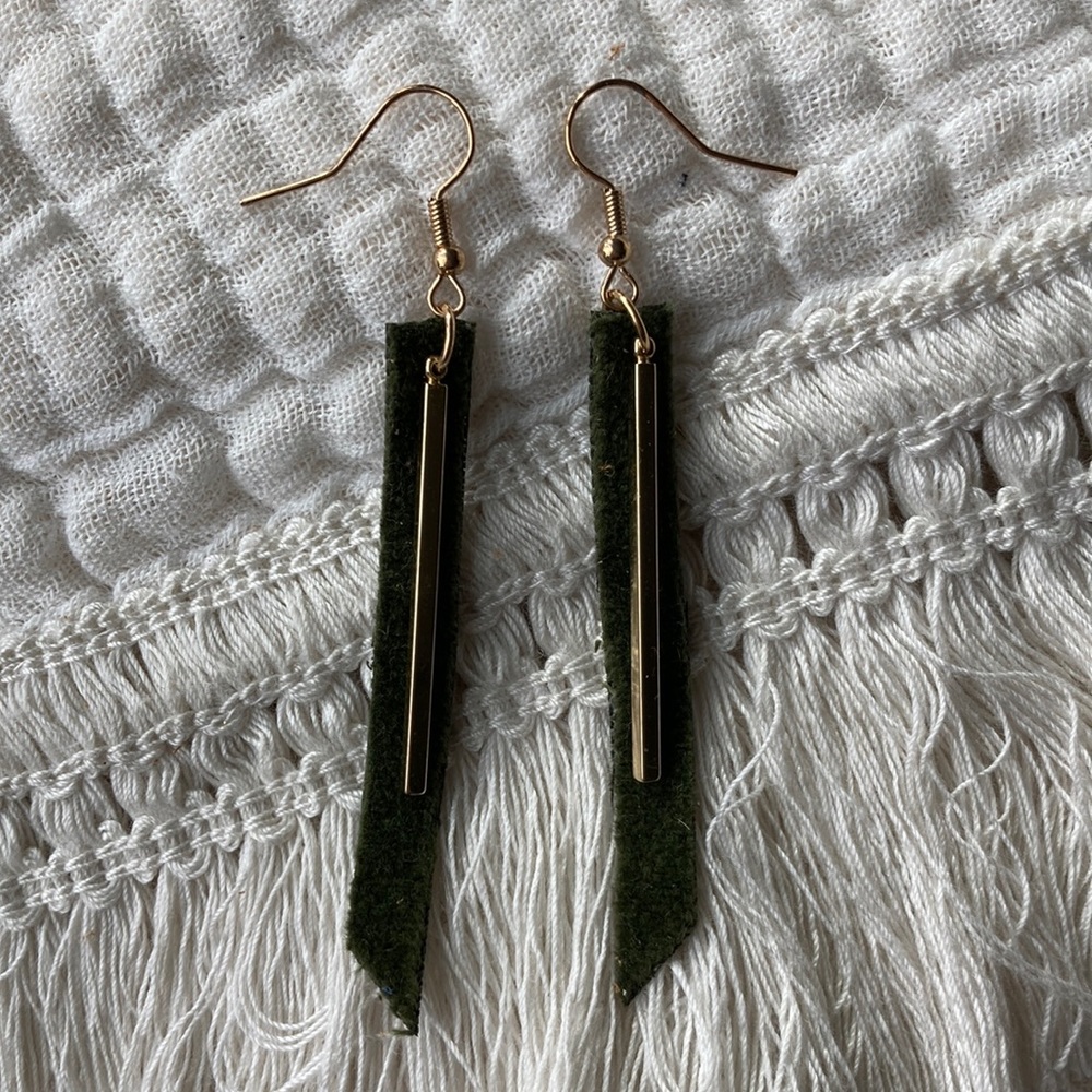 Green Velvet with Gold Bar Earrings